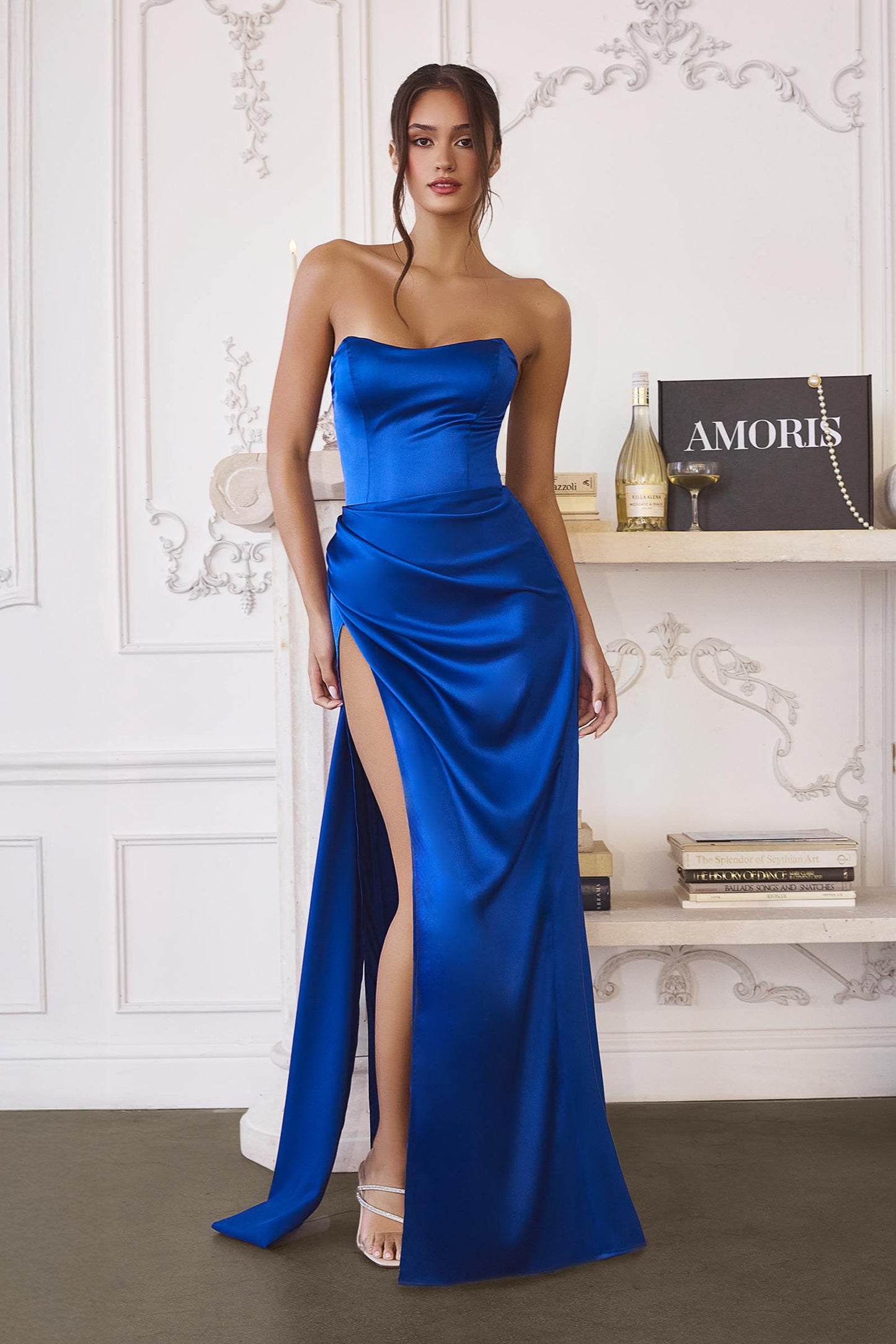 Fitted Strapless Luxurious Satin Side Sash Evening Dress