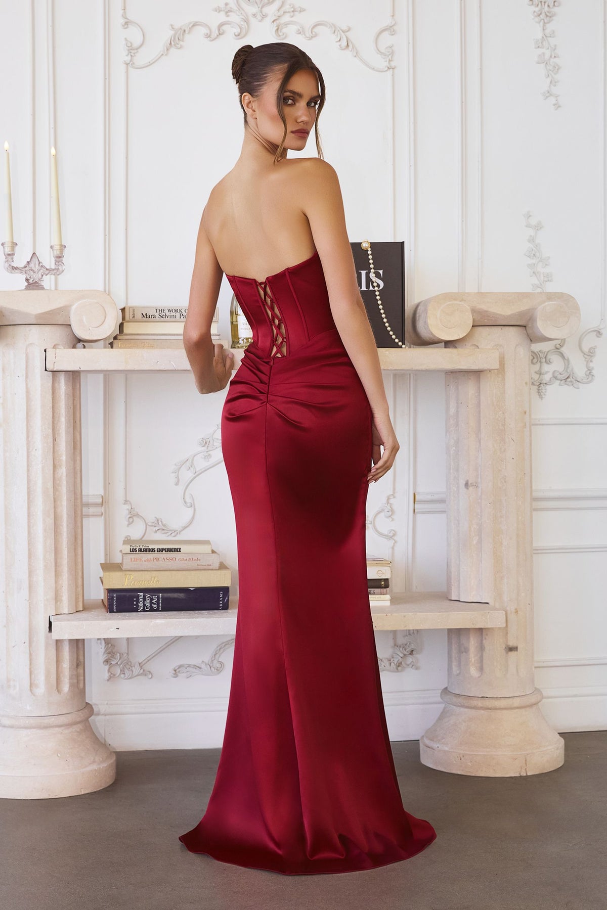 Strapless Satin Boned Bodice Fitted Skirt Lace-Up Back Dress