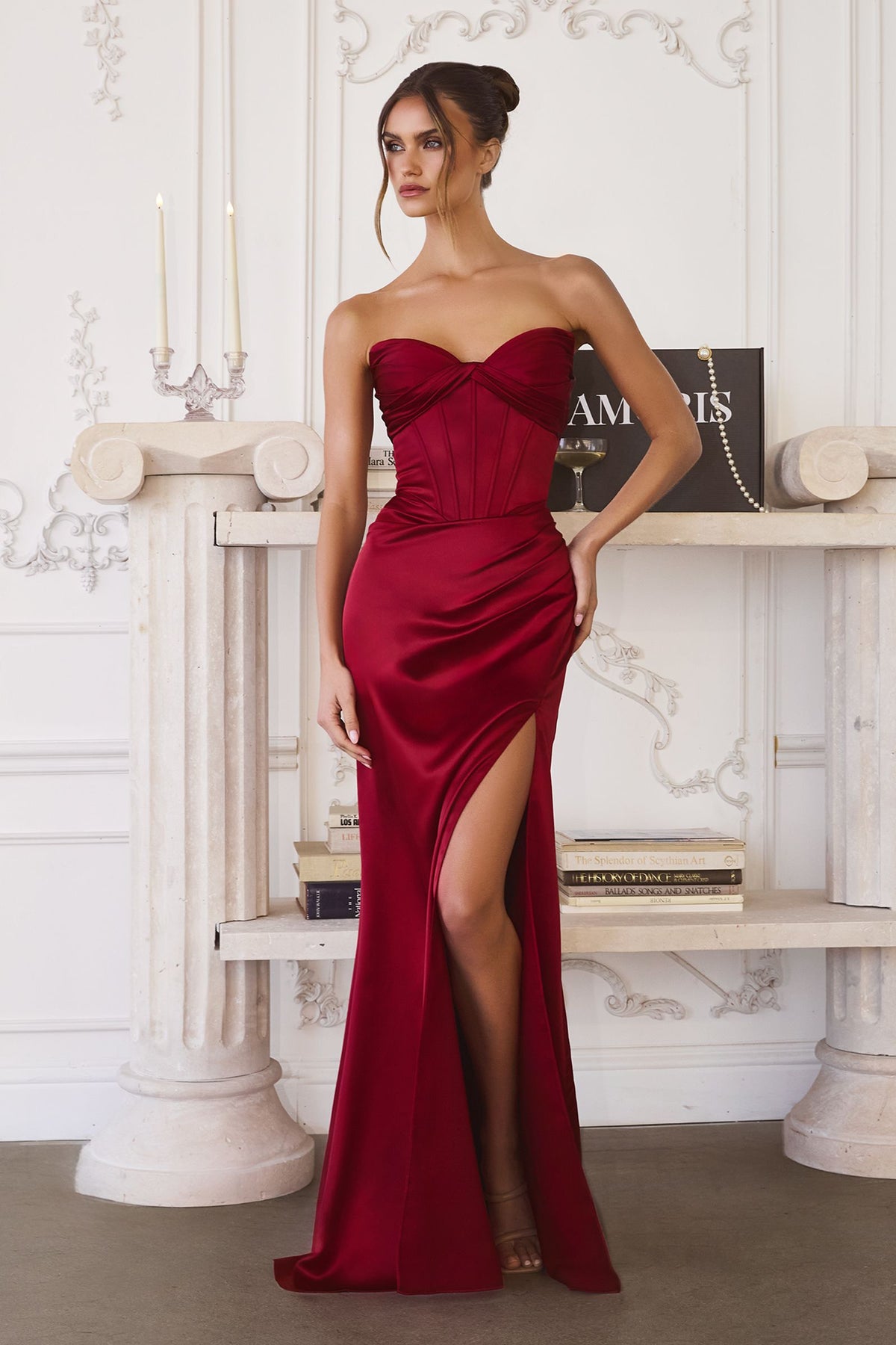 Strapless Satin Boned Bodice Fitted Skirt Lace-Up Back Dress