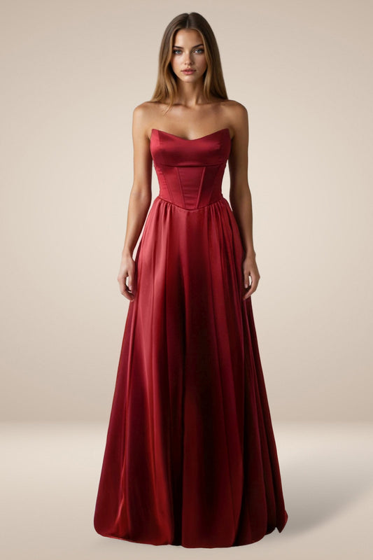 Long A-Line Strapless Satin Semi-Formal Gown