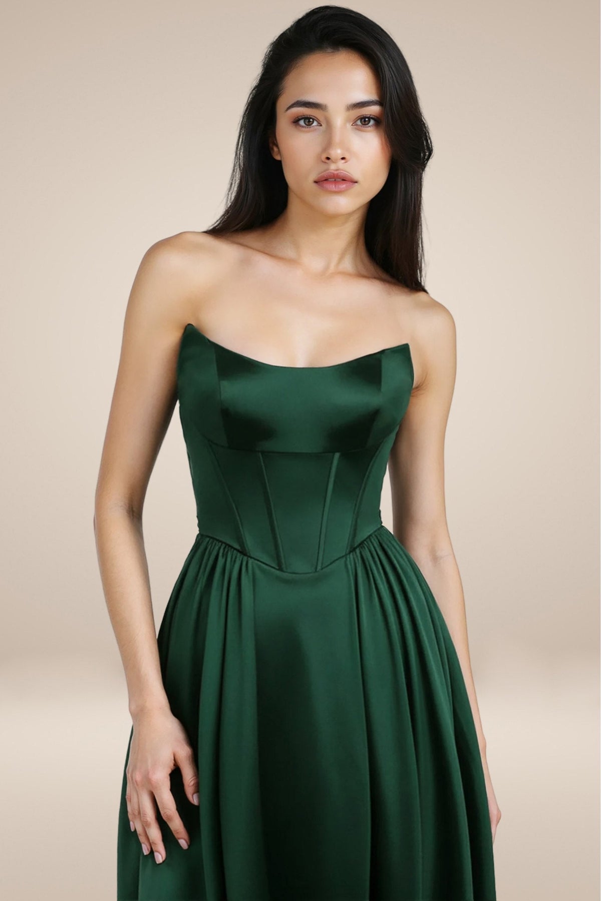 Long A-Line Strapless Satin Semi-Formal Gown