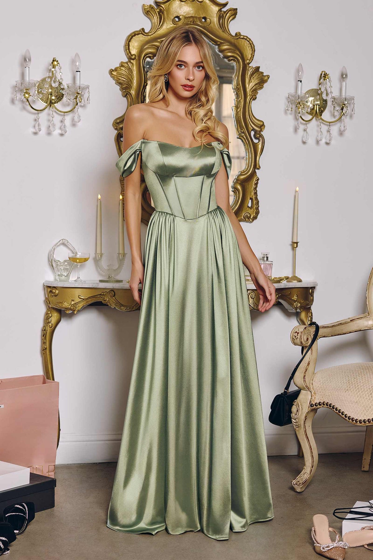 Long A-Line Strapless Satin Semi-Formal Gown