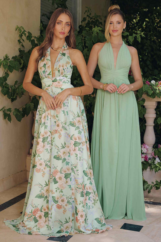 Floral Printed A-Line Plunging Neckline Gown