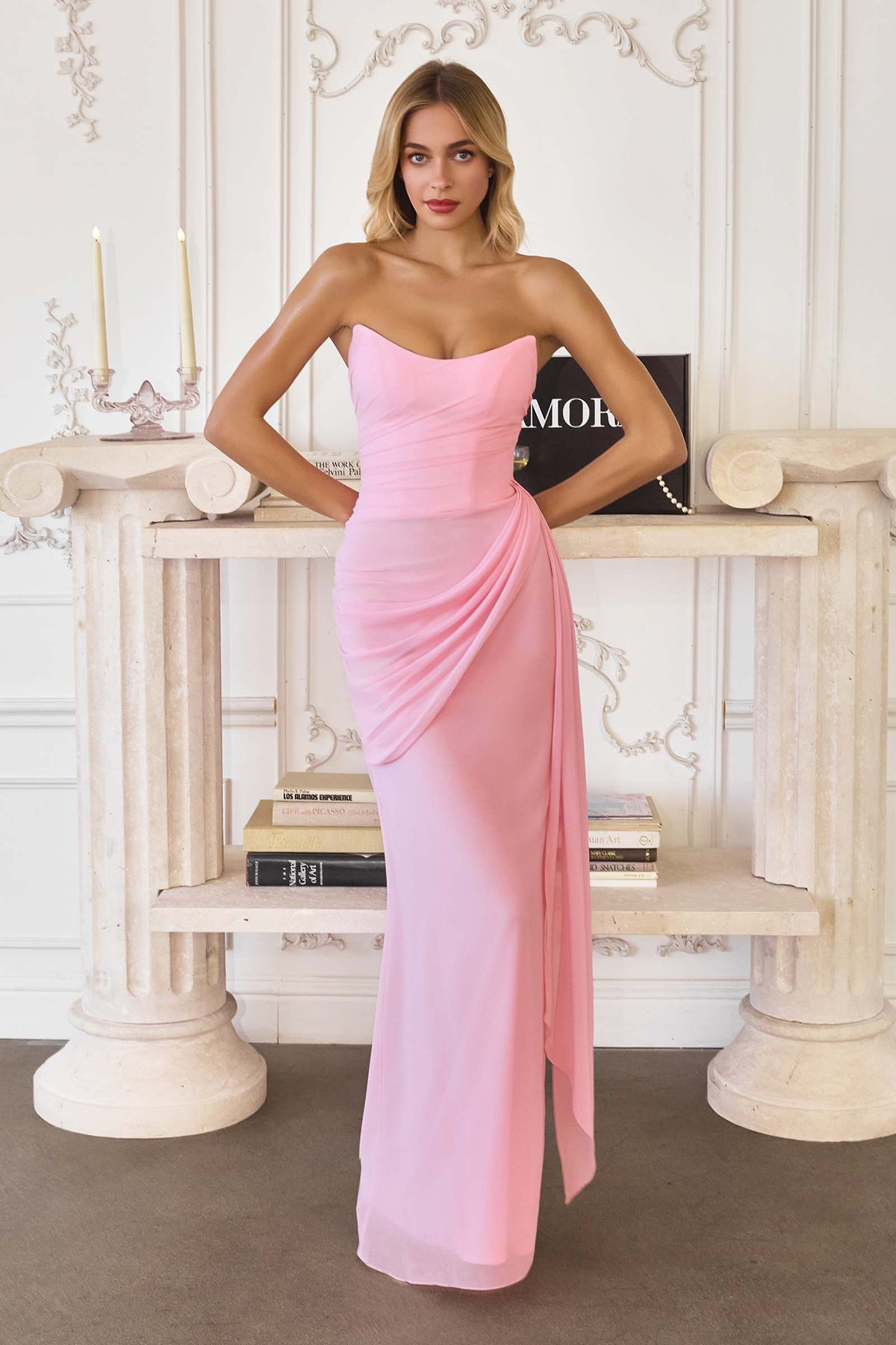 Strapless Side Sash Chiffon Formal Gown