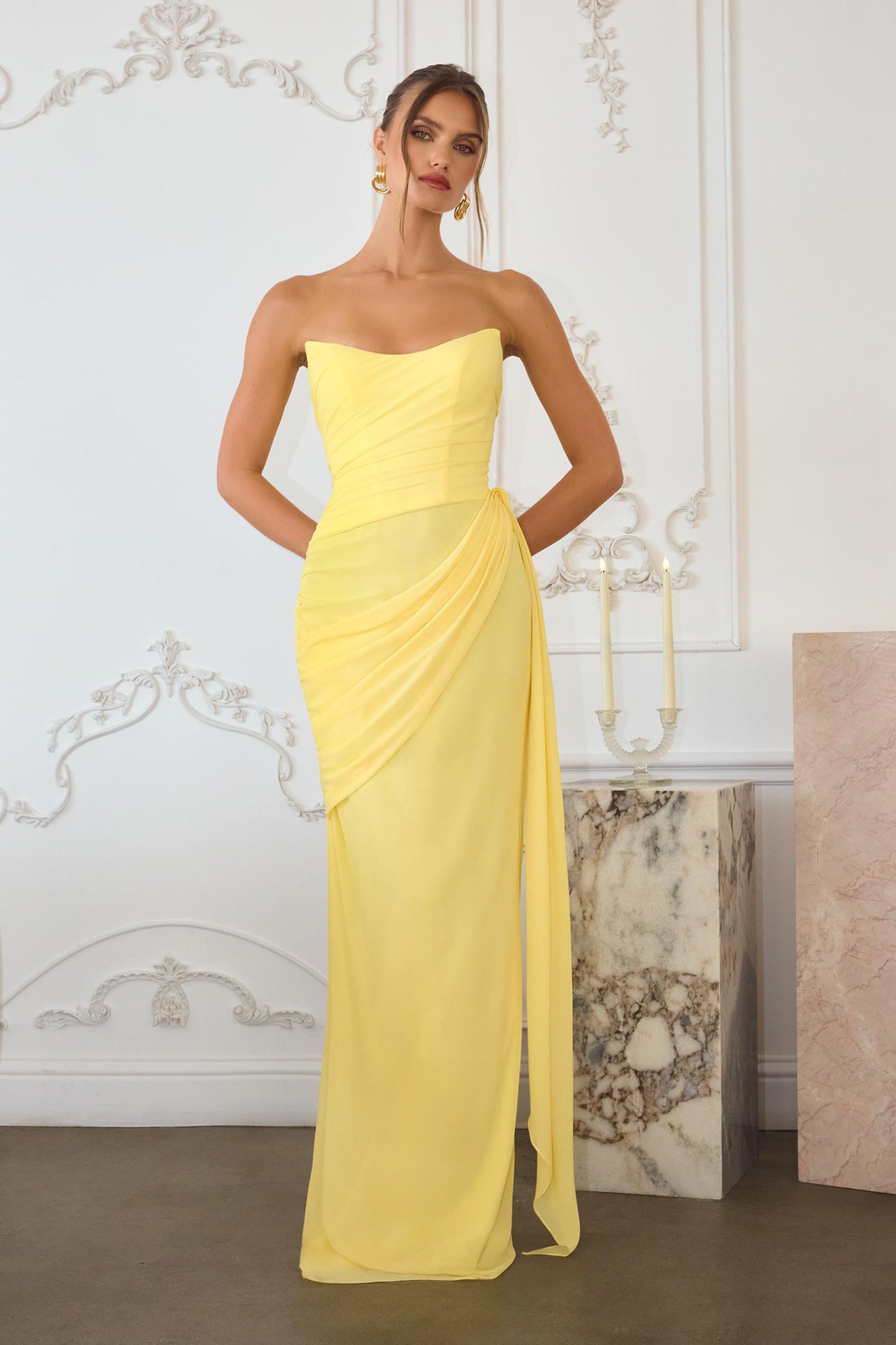 Strapless Side Sash Chiffon Formal Gown