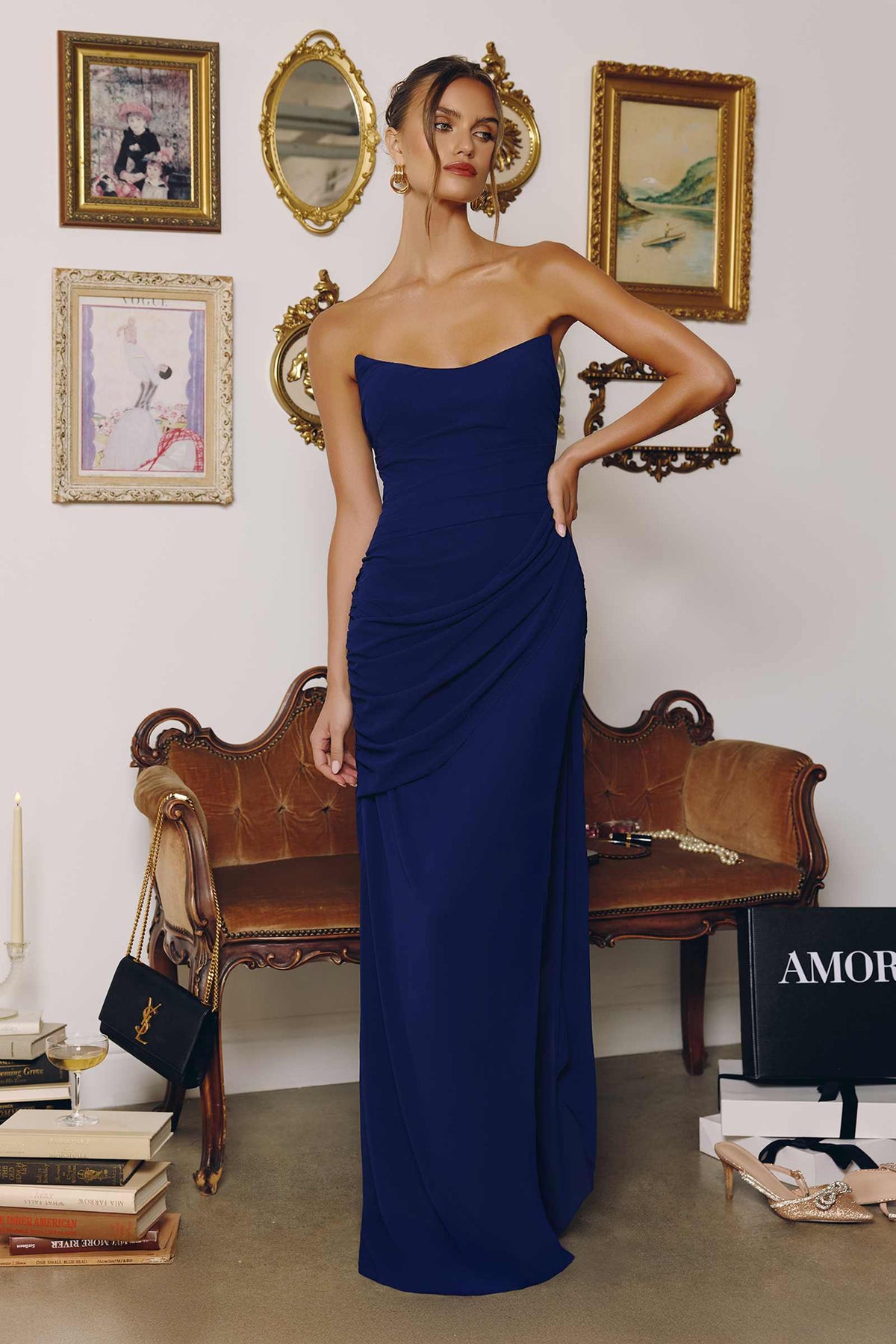 Strapless Side Sash Chiffon Formal Gown