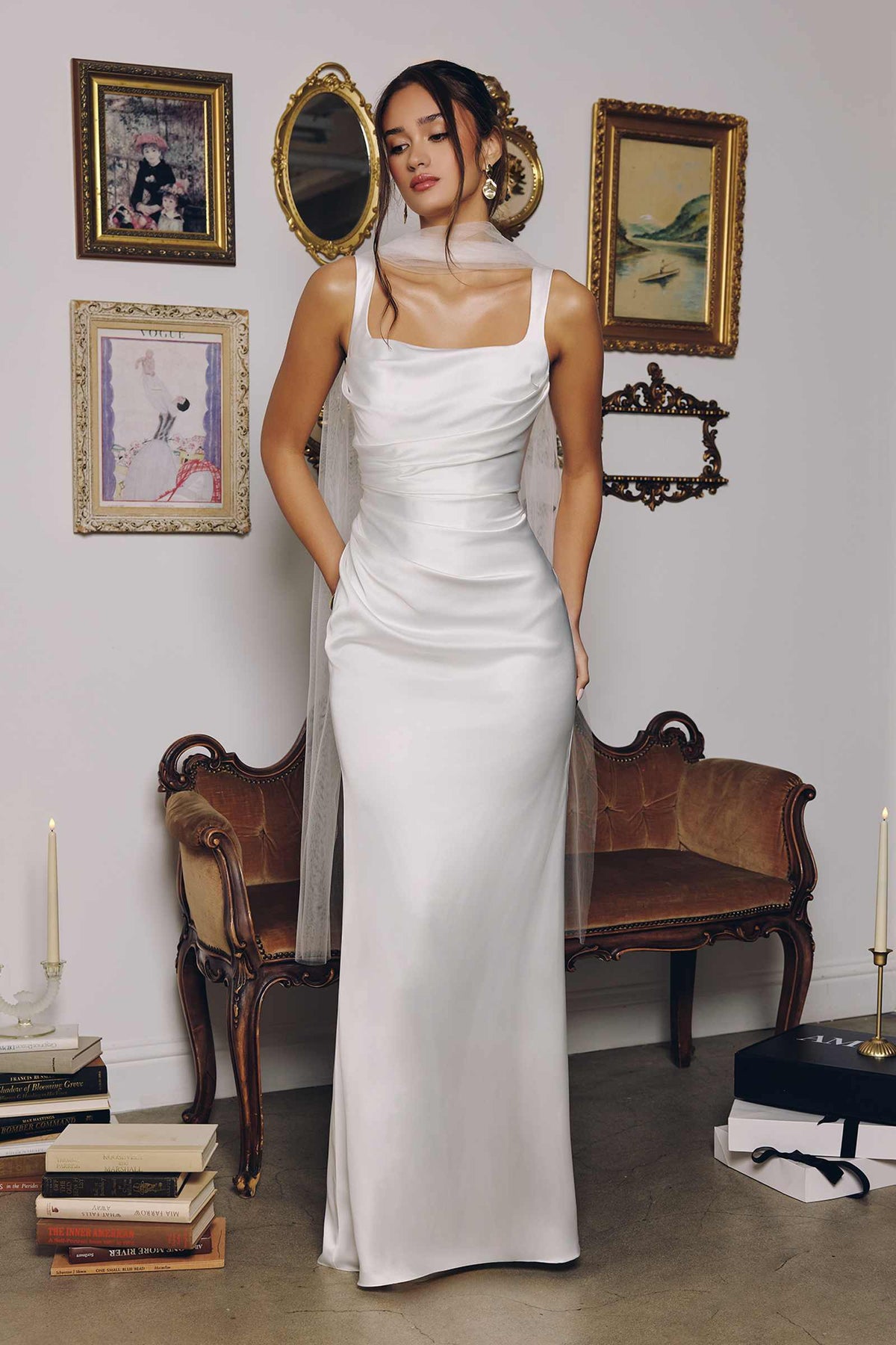 Sleek Satin Adjustable Straps Fitted Off White Gown