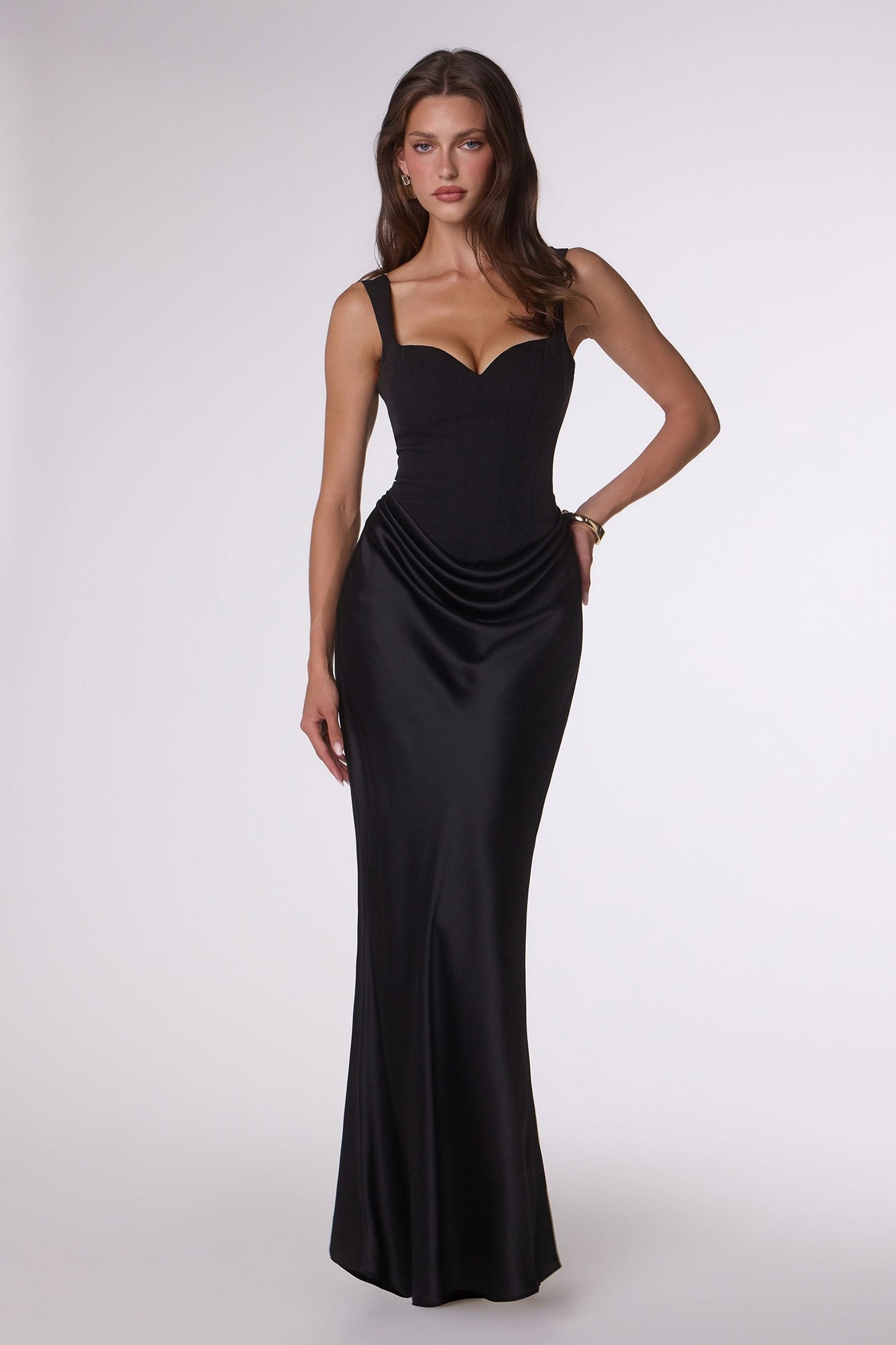 Fitted Satin Formal Gown Crepe Bodice