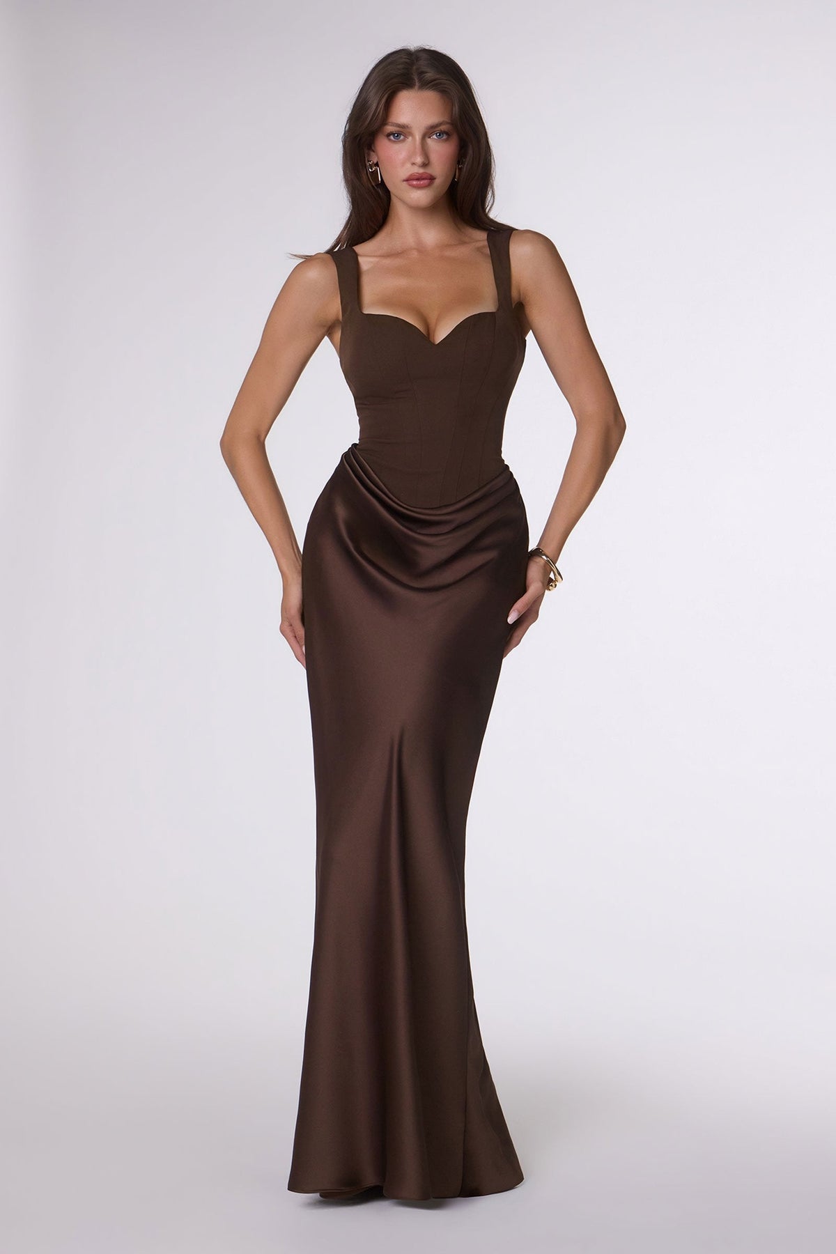 Fitted Satin Formal Gown Crepe Bodice