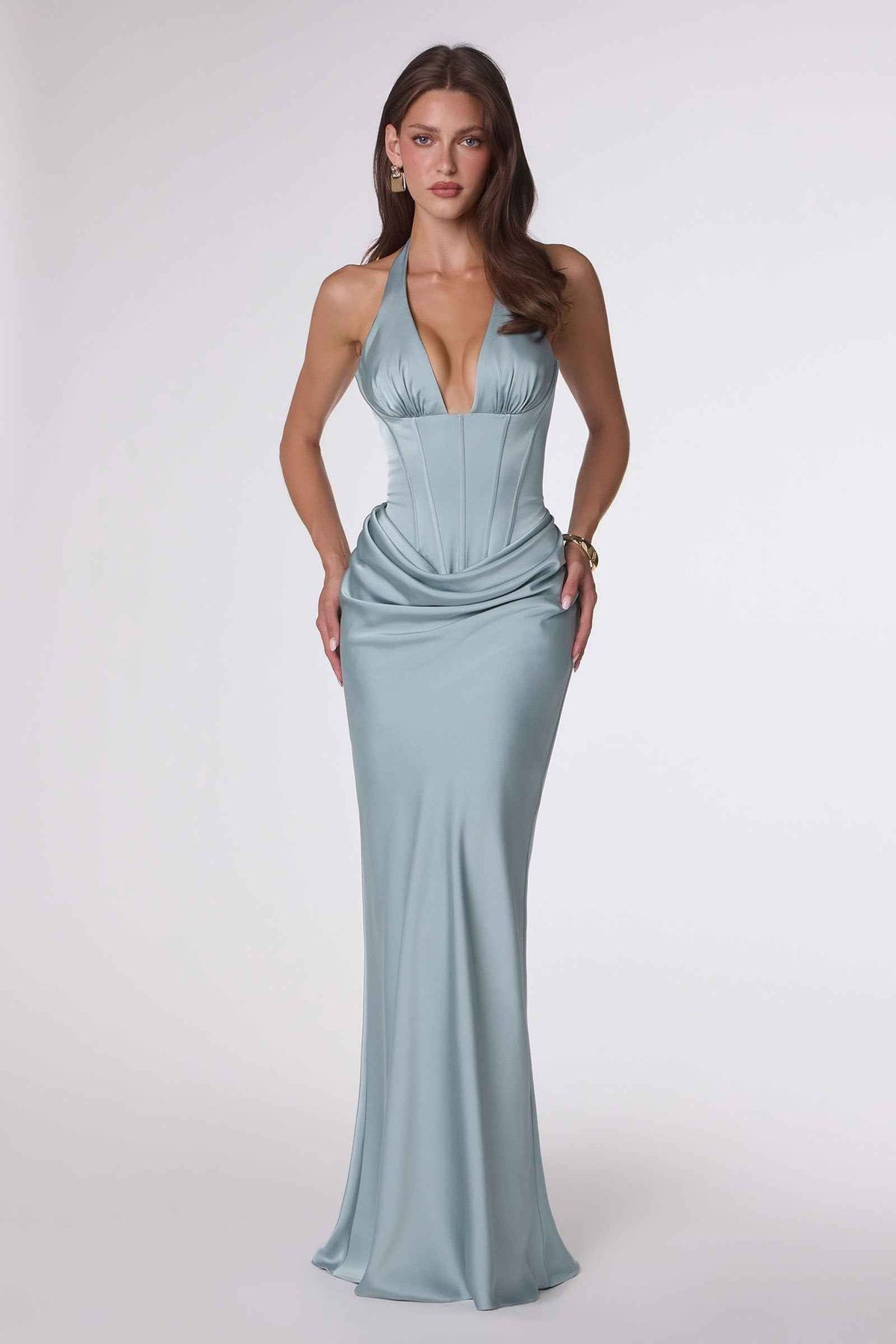 Fitted Floor Length Satin Gown Plunging Neckline