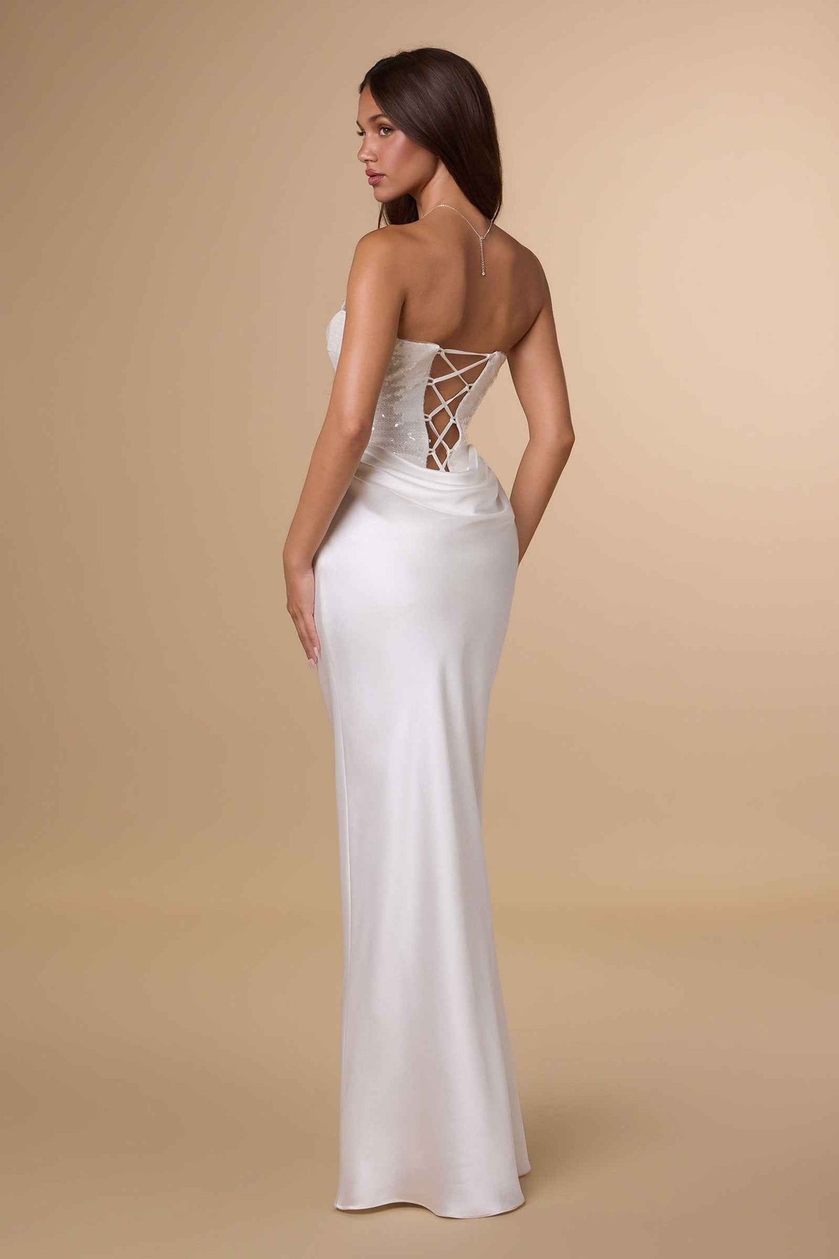 Strapless Sequin Bodice Satin Skirt Formal Dress