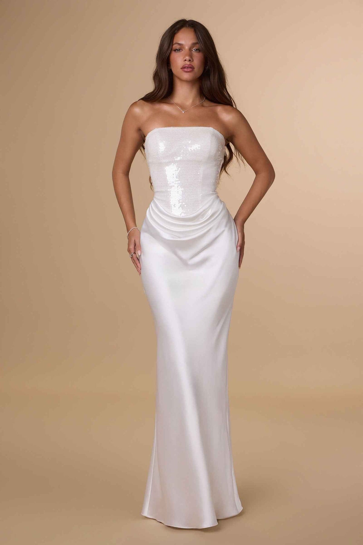 Strapless Sequin Bodice Satin Skirt Formal Dress