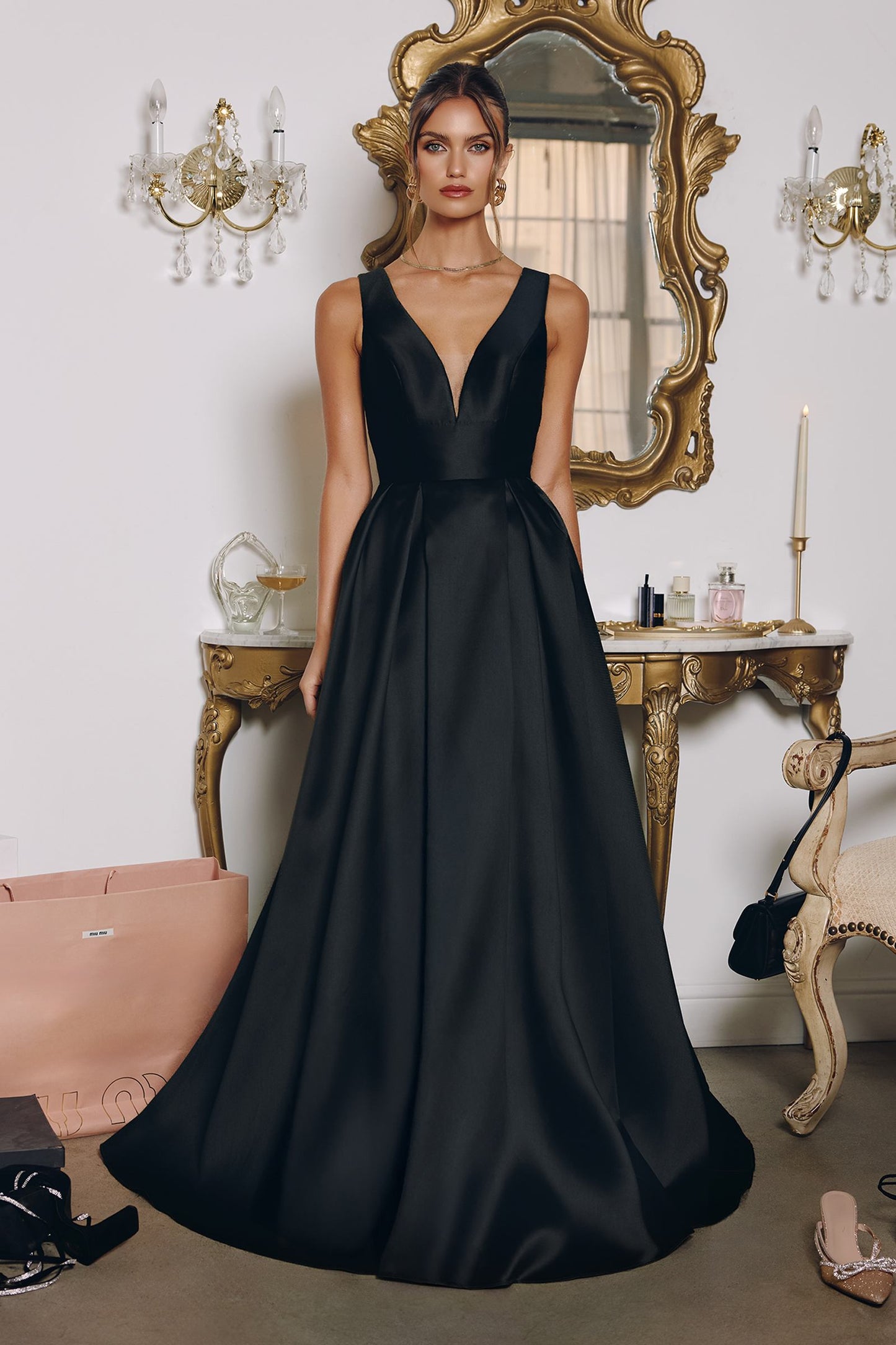 Long V-Neckline A-Line Satin Dress with Pockets