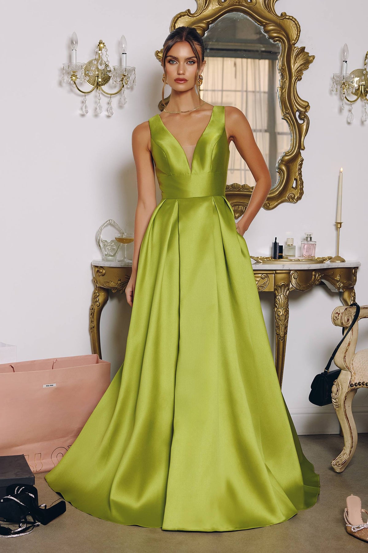 Long V-Neckline A-Line Satin Dress with Pockets