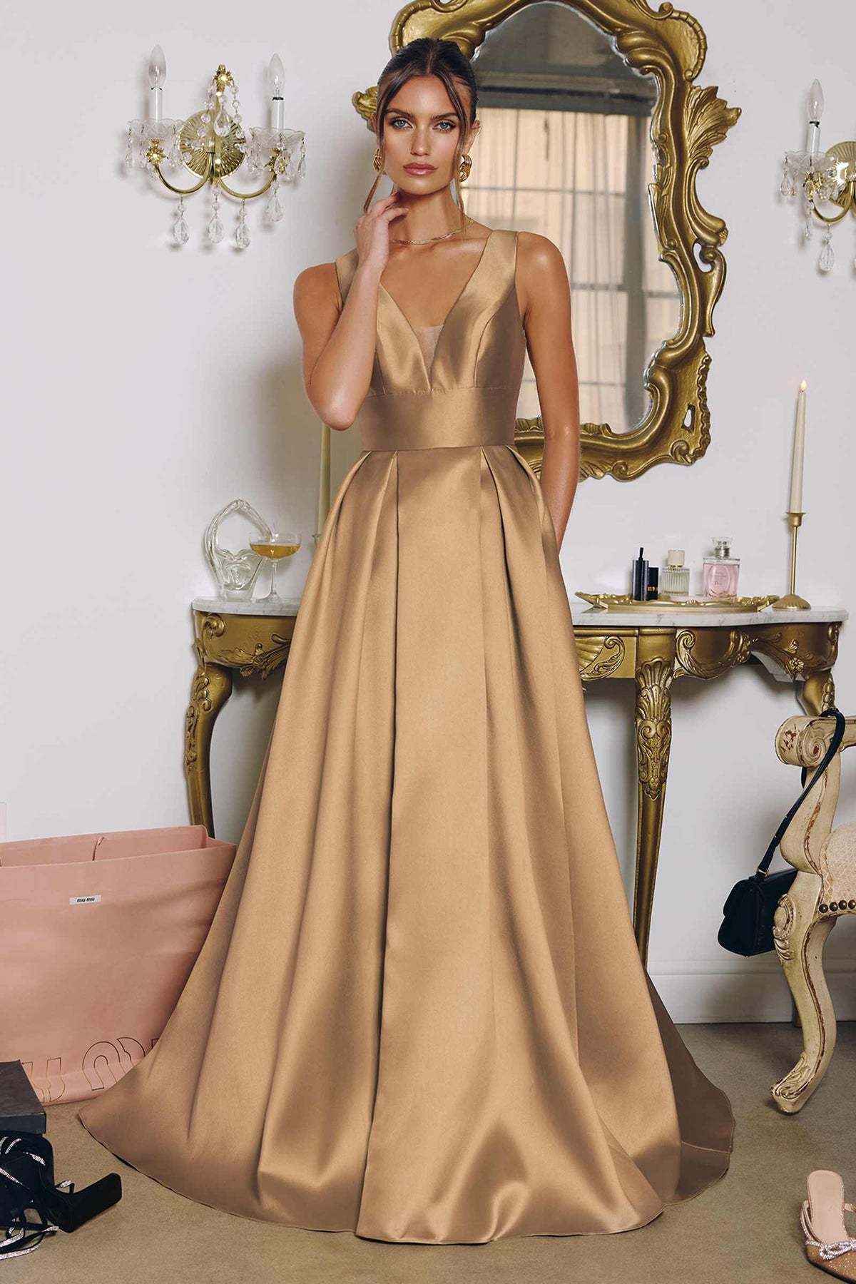 Long V-Neckline A-Line Satin Dress with Pockets