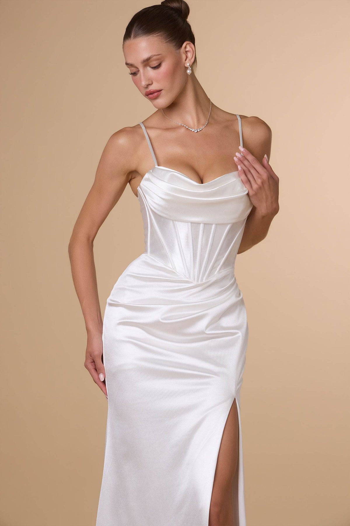 Fitted Sultry Stretch Satin Bustier Bodice Off White Dress