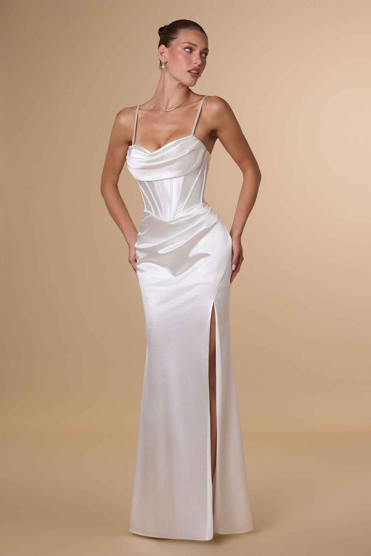 Fitted Sultry Stretch Satin Bustier Bodice Off White Dress