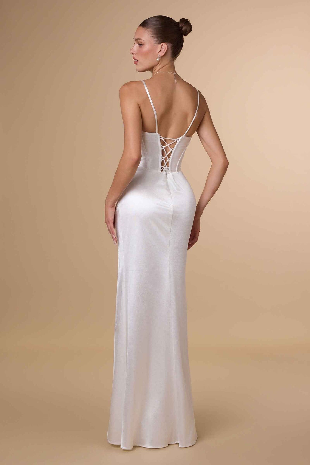 Fitted Sultry Stretch Satin Bustier Bodice Off White Dress