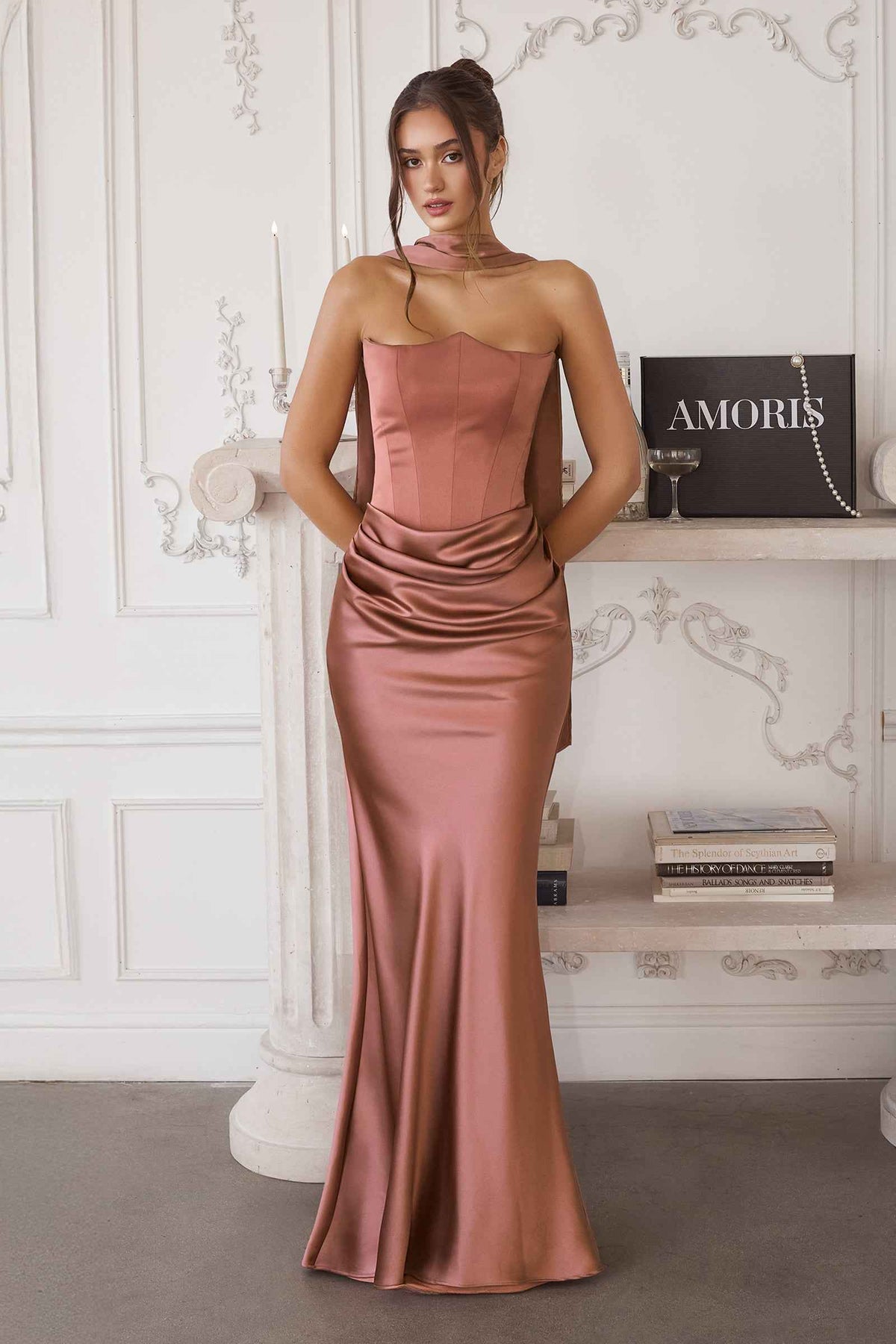 Matte Satin Bodice Detachable Scarf Column Dress