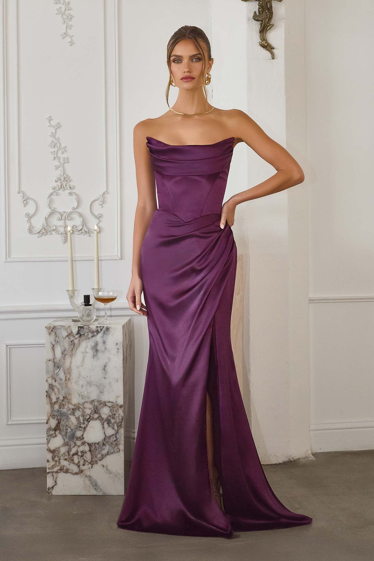 Stretch Satin Floor Length Fitted Gown