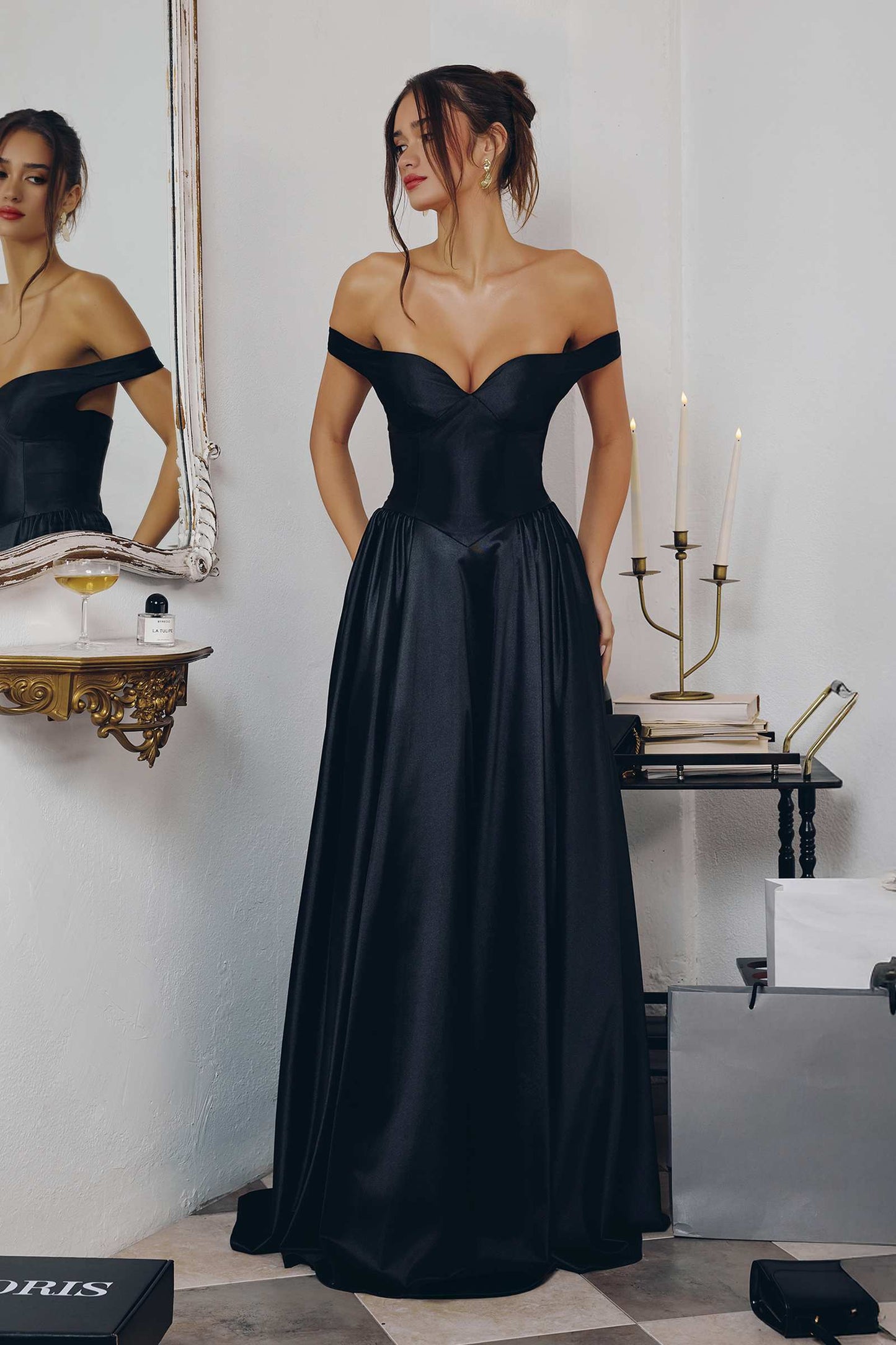 Off Shoulder Sweetheart Neck Satin A-Line Dress