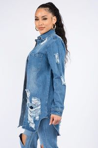 American Bazi Distressed Button Down Denim Shirt Jacket-2