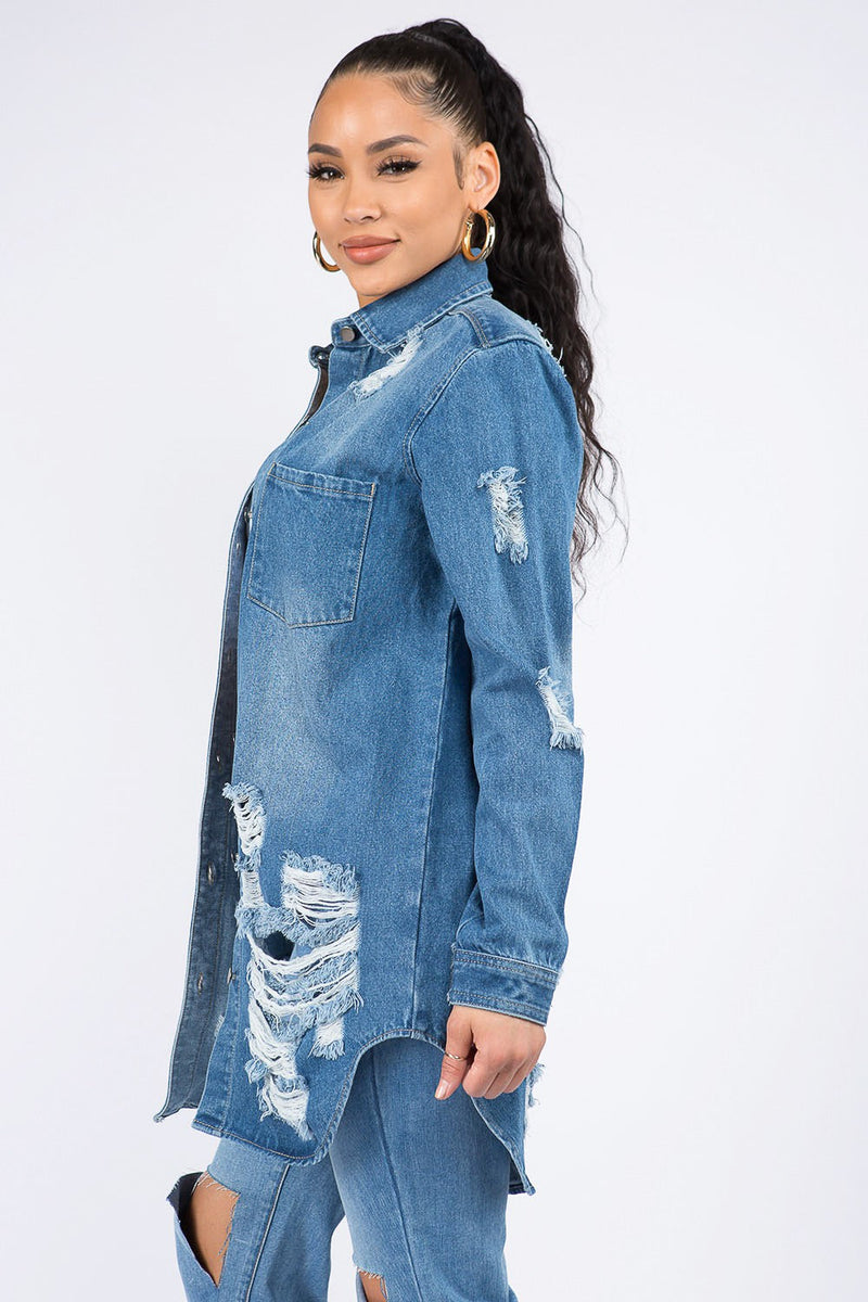 American Bazi Distressed Button Down Denim Shirt Jacket-2