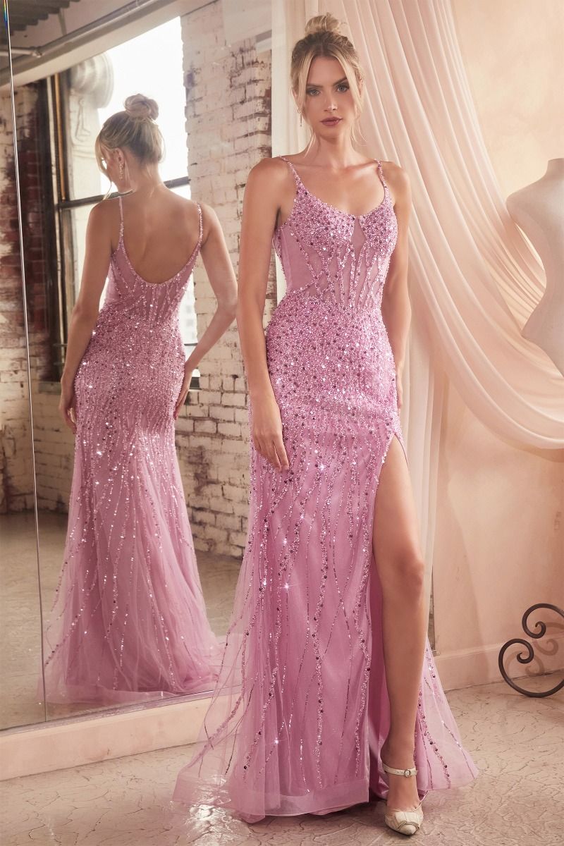 Fitted Sequin Gown with Sheer Beaded Bodice