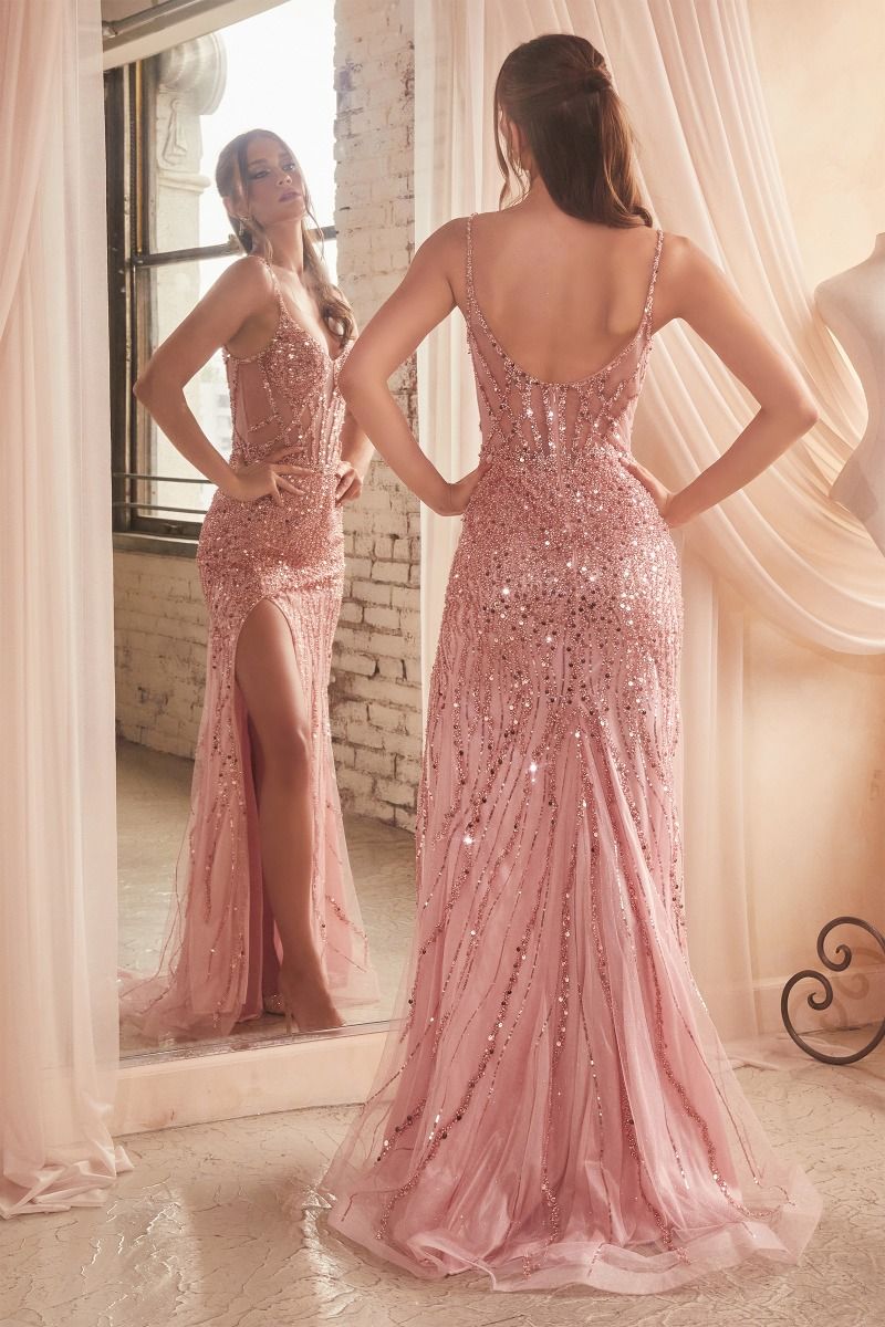 Fitted Sequin Gown with Sheer Beaded Bodice