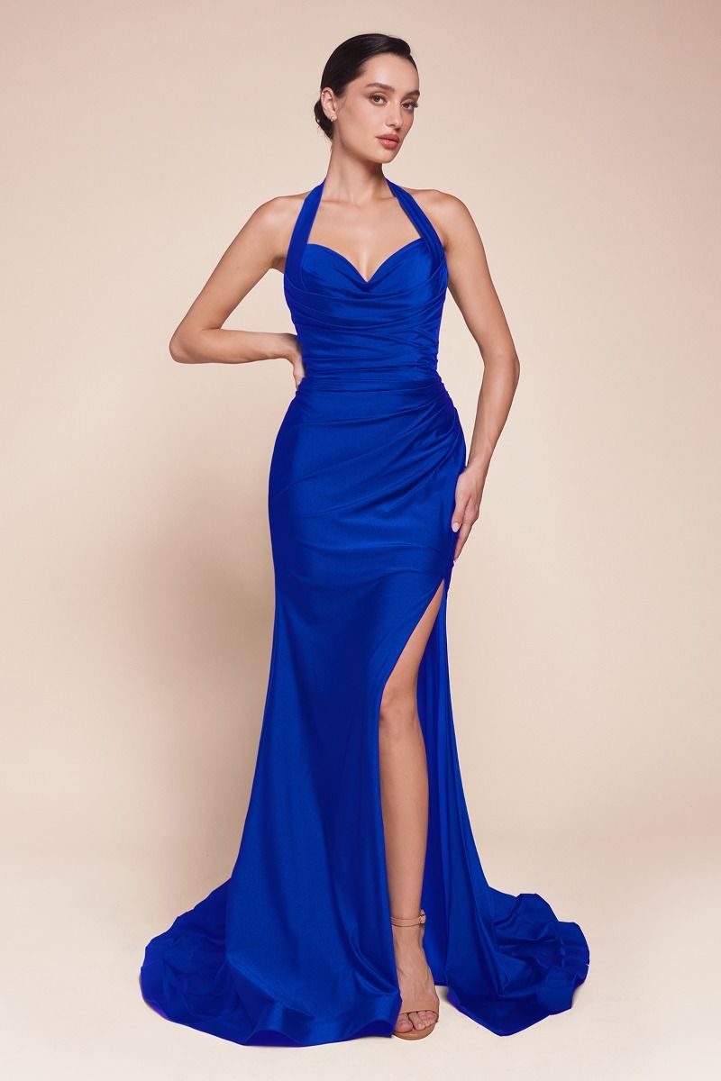 Stretch Satin Halter Fitted Dress