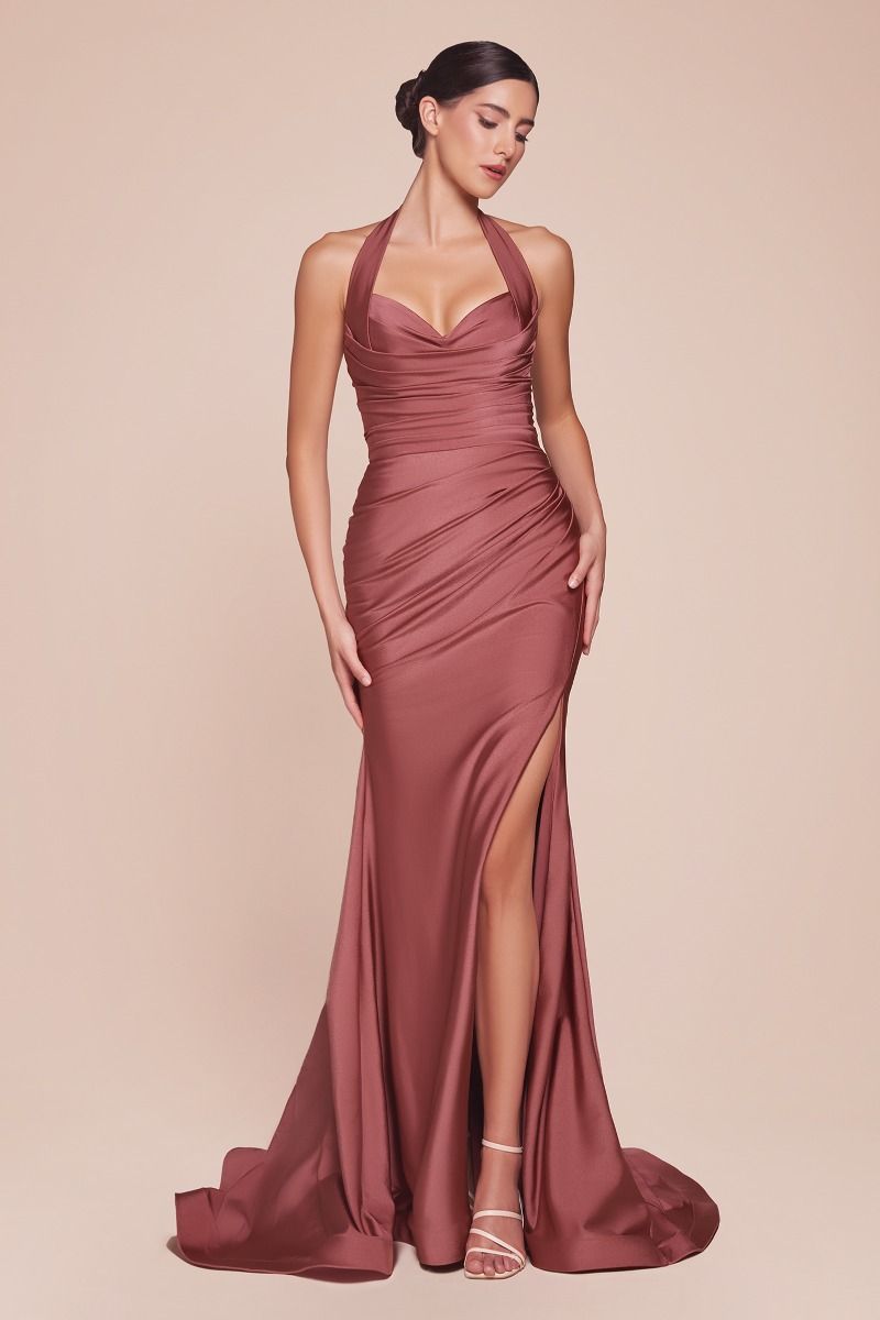 Stretch Satin Halter Fitted Dress