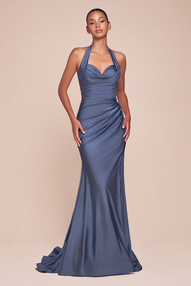 Stretch Satin Halter Fitted Dress