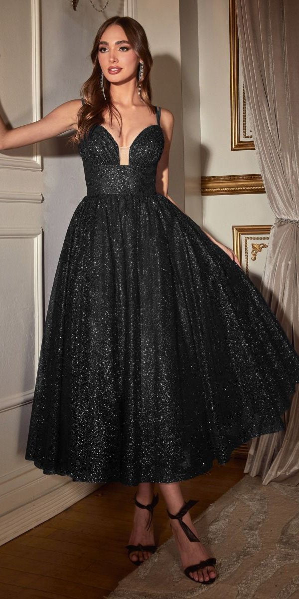 Glitter Flocked Tea Length Dress With Side Pockets