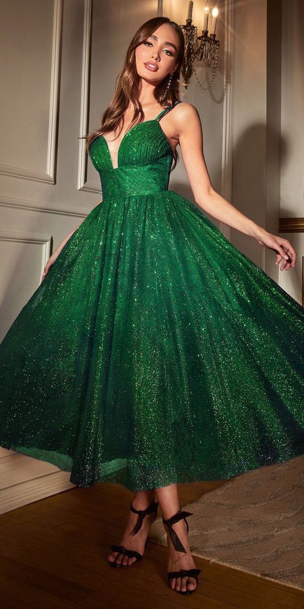 Glitter Flocked Tea Length Dress With Side Pockets