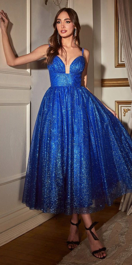 Glitter Flocked Tea Length Dress With Side Pockets