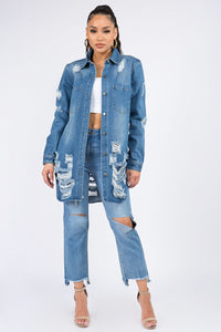 American Bazi Distressed Button Down Denim Shirt Jacket-3