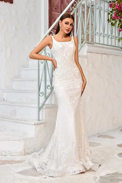 Square Neck Ivory Lace Mermaid Bridal Gown