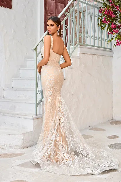 Square Neck Ivory Lace Mermaid Bridal Gown