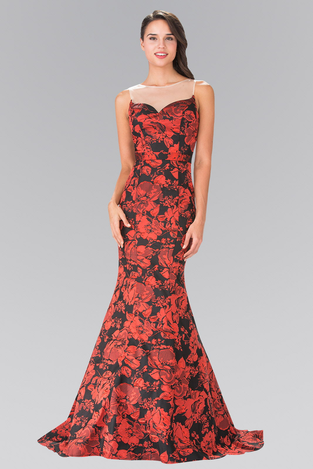 Illusion Sweetheart Flower Print Long Dress With Sheer Back