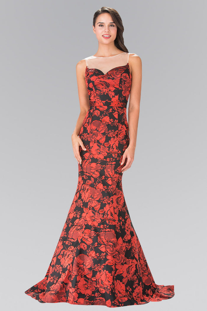 Illusion Sweetheart Flower Print Long Dress With Sheer Back