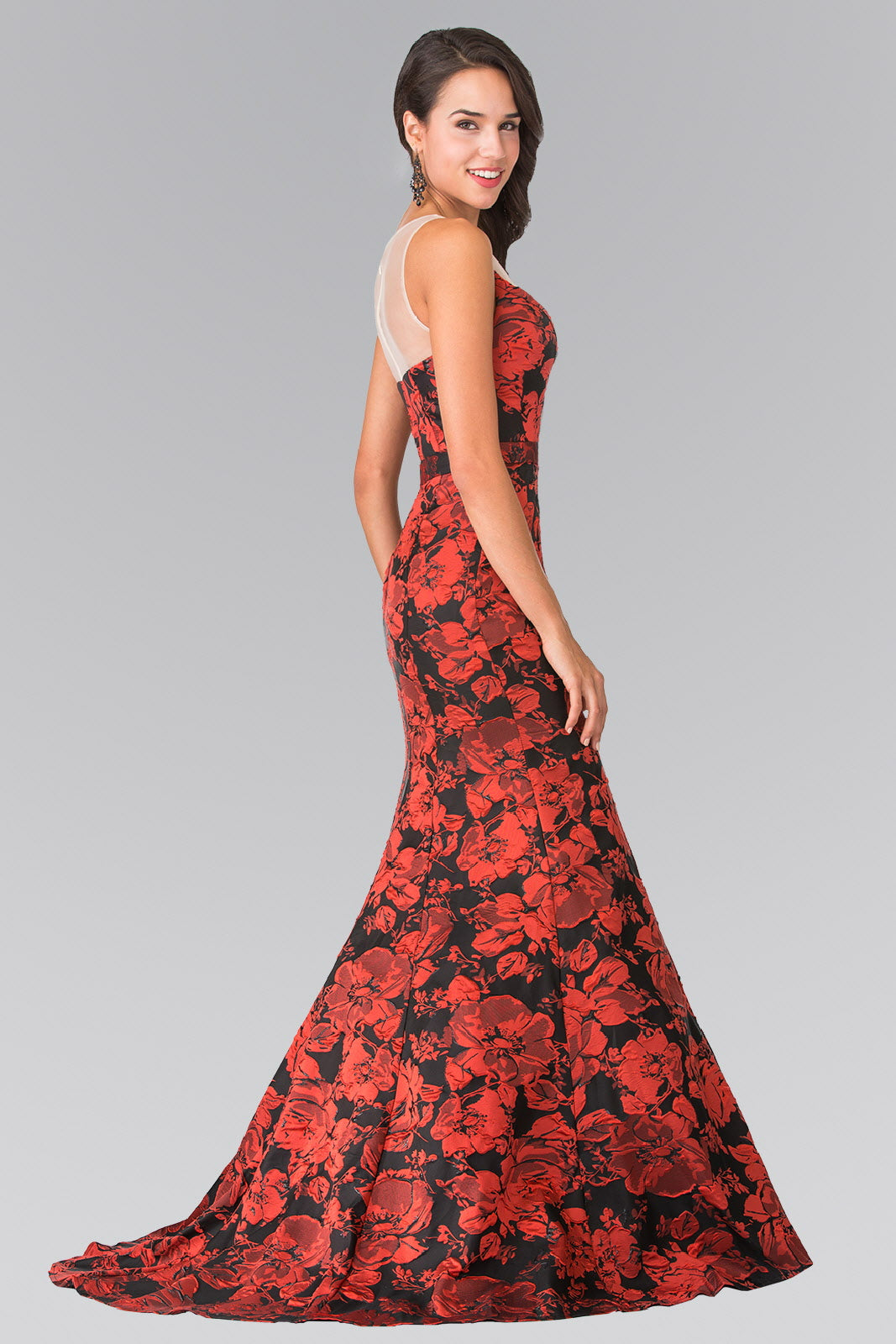 Illusion Sweetheart Flower Print Long Dress With Sheer Back