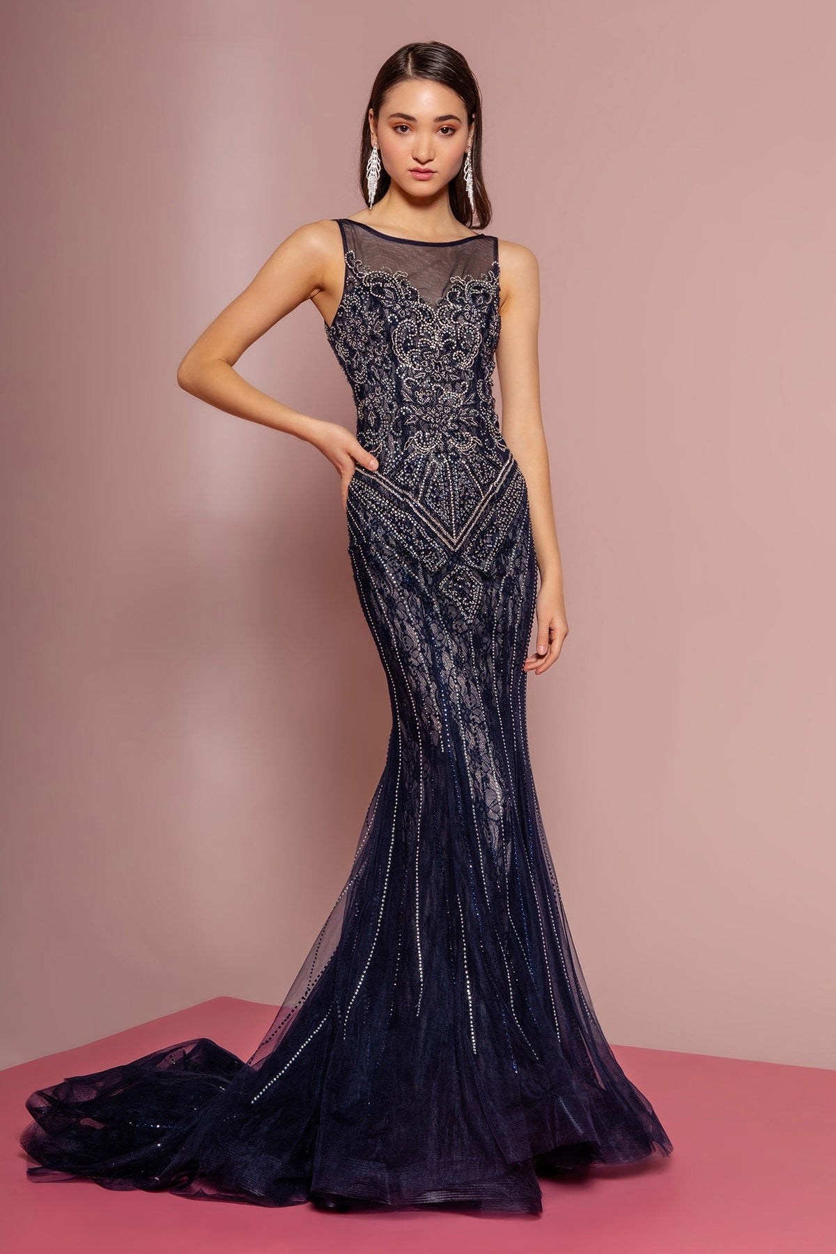Jewel Embellished Lace Long Dress With V-Back