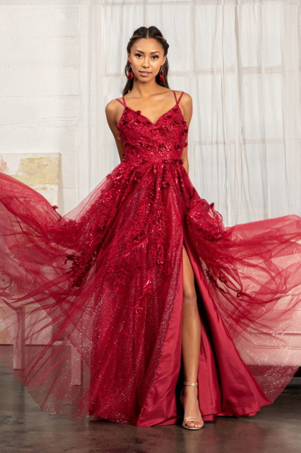 Sequin Embellished Mesh A-line Dress With 3-D Flower Applique