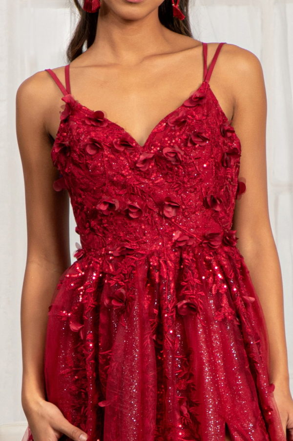 Sequin Embellished Mesh A-line Dress With 3-D Flower Applique