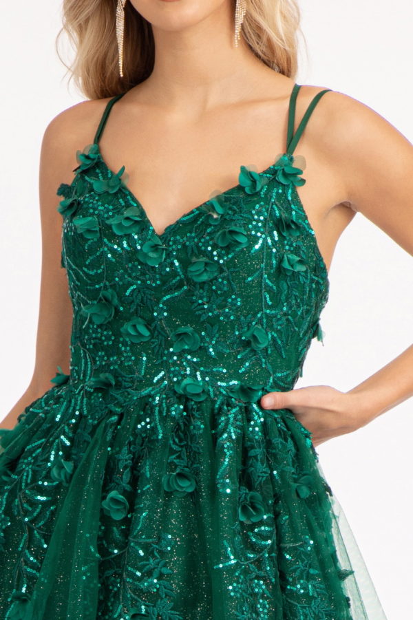 Sequin Embellished Mesh A-line Dress With 3-D Flower Applique