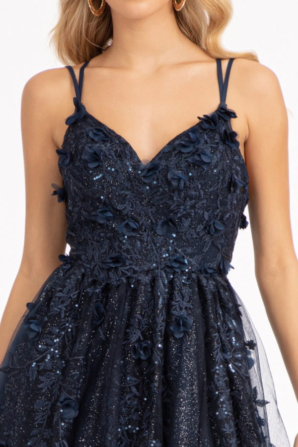 Sequin Embellished Mesh A-line Dress With 3-D Flower Applique