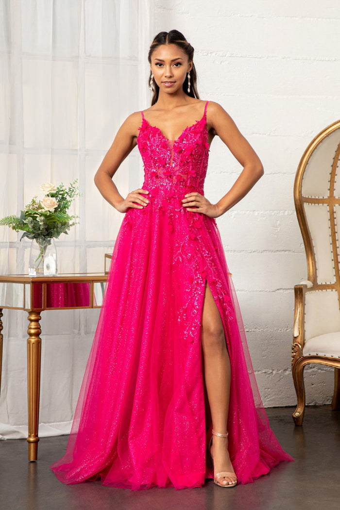 3-D Flower Applique Glitter Mesh A-line Dress w/ Embroidery and Sequin-0