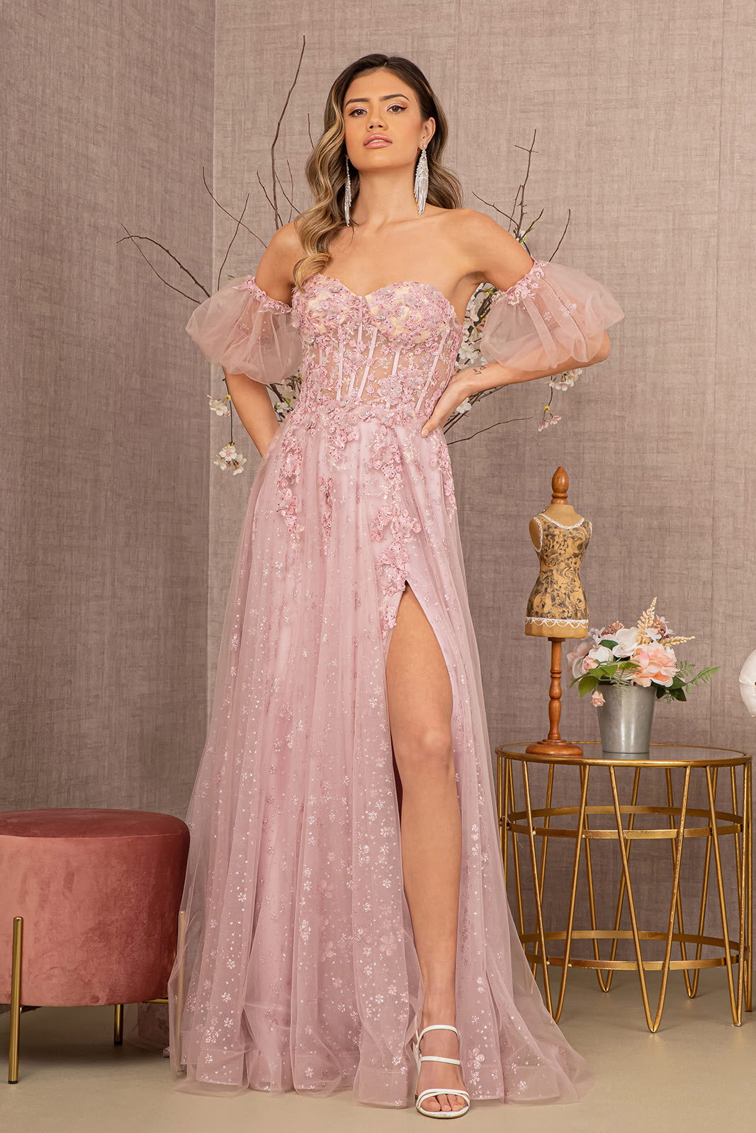 Strapless Sheer Bodice Mesh A-Line Dress With Detachable Sleeves