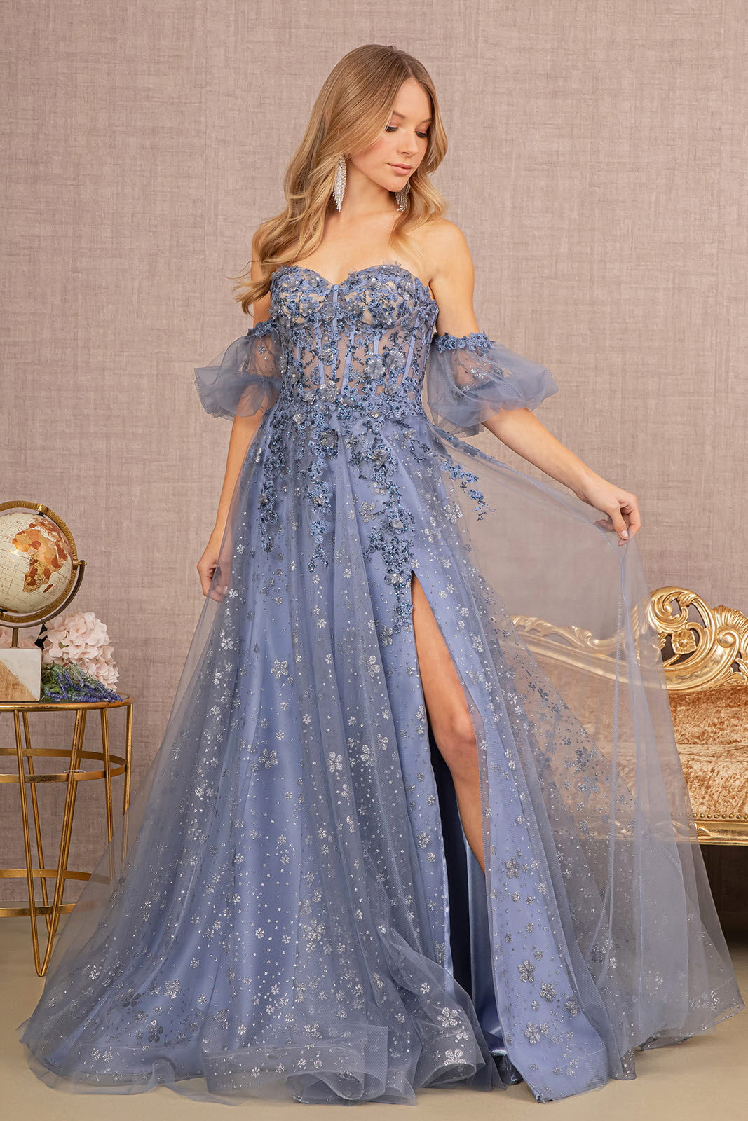 Strapless Sheer Bodice Mesh A-Line Dress With Detachable Sleeves