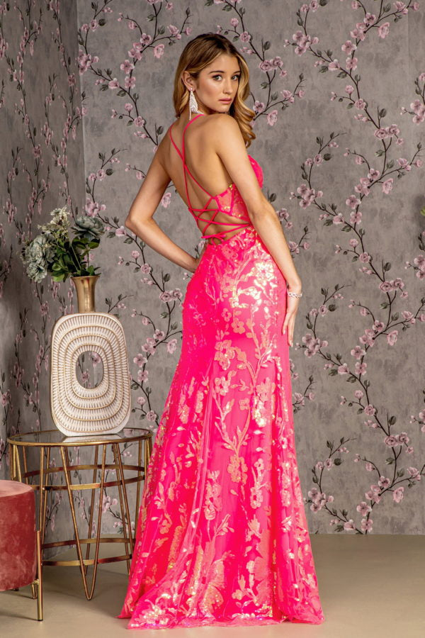 Sequin Cut-Out Back Sheer Bodice Mesh Mermaid Dress